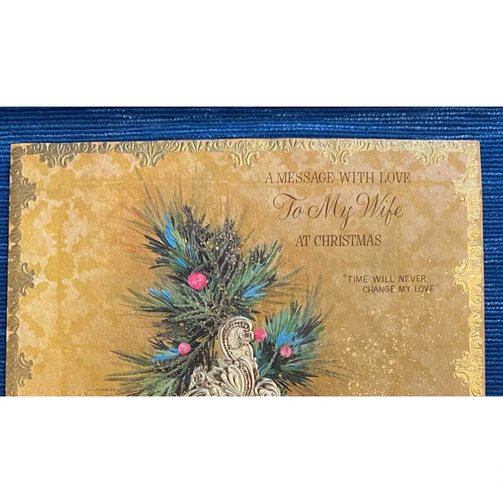 Vintage Unused Hallmark Christmas Card To My Wife Gold Clock Retro 72B